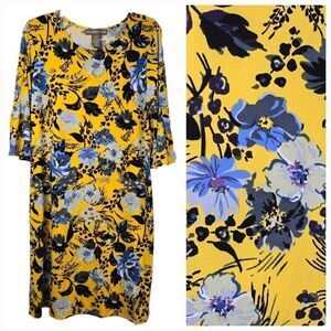 ALEXANDRA & OAK Yellow Floral Jersey Knit Sheath Dress Soft Stretch Work Office